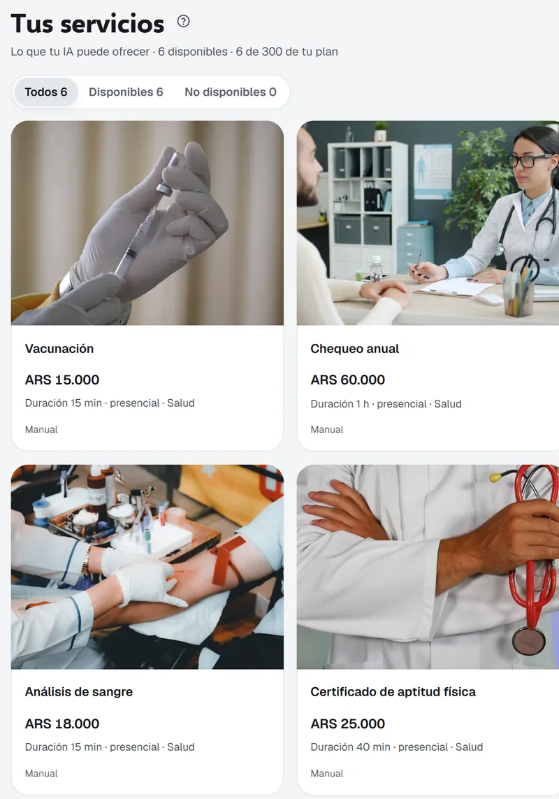 Catálogo de servicios con foto, precio en pesos y duración: vacunación, chequeo anual, análisis de sangre y certificado de aptitud física.