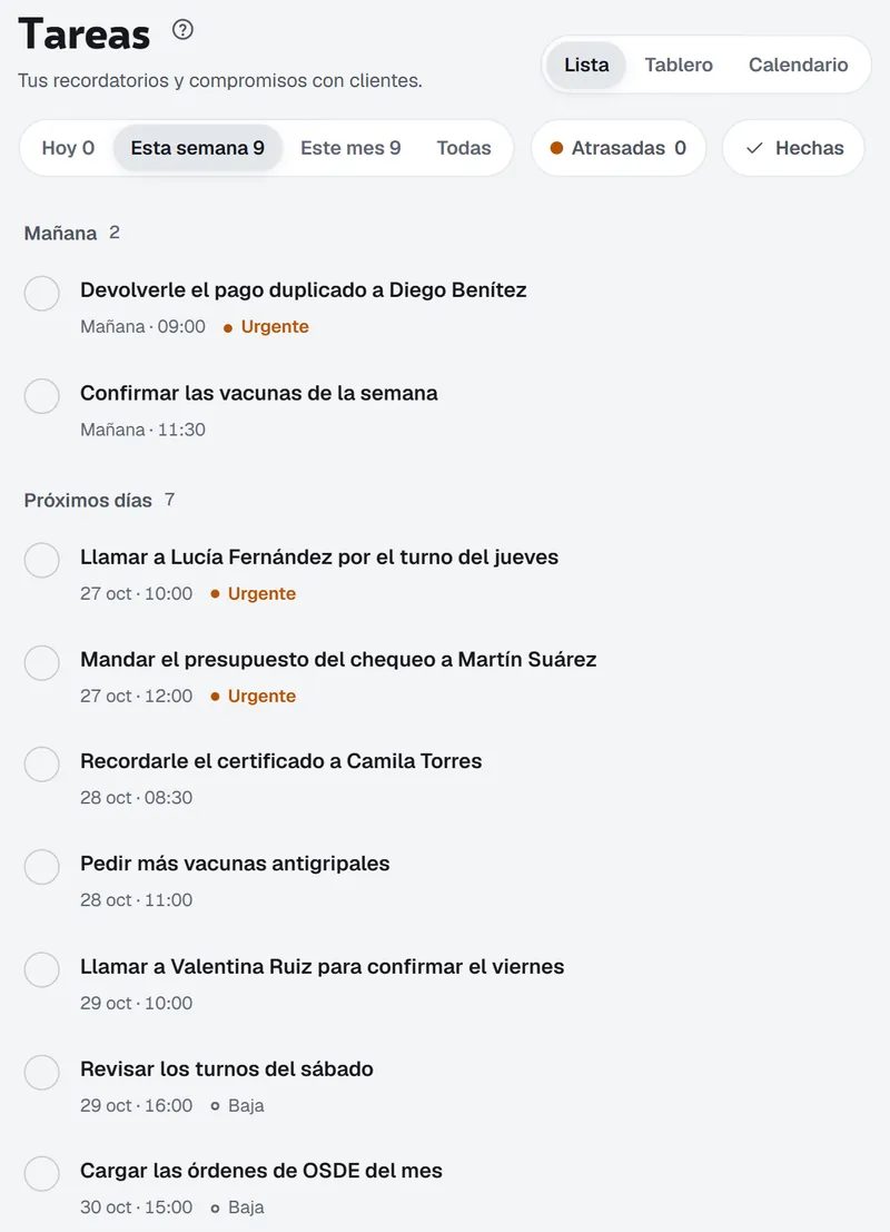 Tareas de la semana: devolver un pago, confirmar vacunas, llamar pacientes y mandar un presupuesto, con día, hora y las urgentes marcadas.
